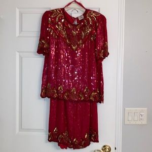 Womens red silk sequins top and skirt.